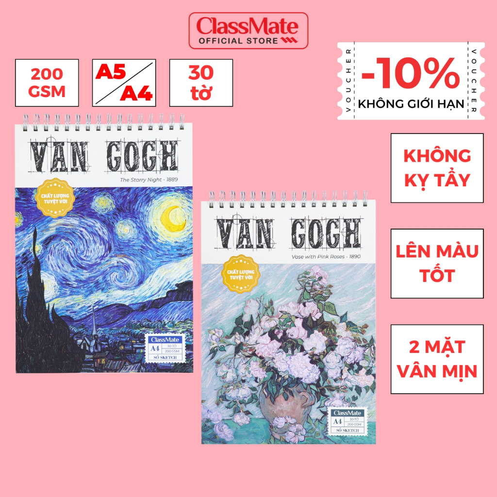 Sổ Vẽ Lò Xo Sketchbook 200GSM Giấy Vân Mịn, Không Kỵ Tẩy Lên Màu Tốt, Sổ Vẽ Van Gogh A4 A5 60 Trang Vẽ Chì Màu, Acrylic