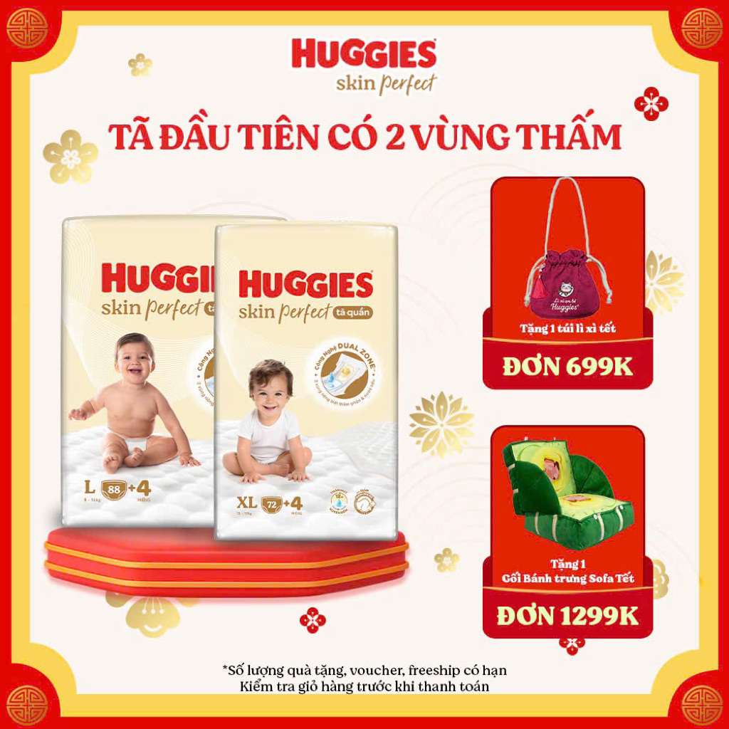 Tã Dán/ quần Huggies Skin Perfect Mega Jumbo cỡ M/L/XL/XXL với 2 vùng thấm giảm kích ứng da tomca