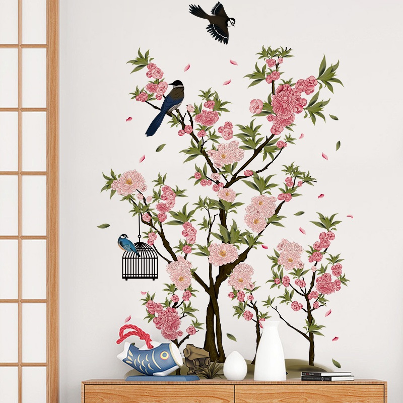 Decal Dán Tường Hoa Đào Và Chim Én Có Keo Sẵn 82x128cm - Trang Trí Phòng Khách, Phòng Ngủ Vintage