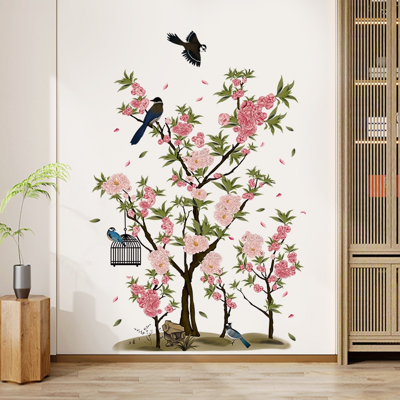 Decal Dán Tường Hoa Đào Và Chim Én Có Keo Sẵn 82x128cm - Trang Trí Phòng Khách, Phòng Ngủ Vintage