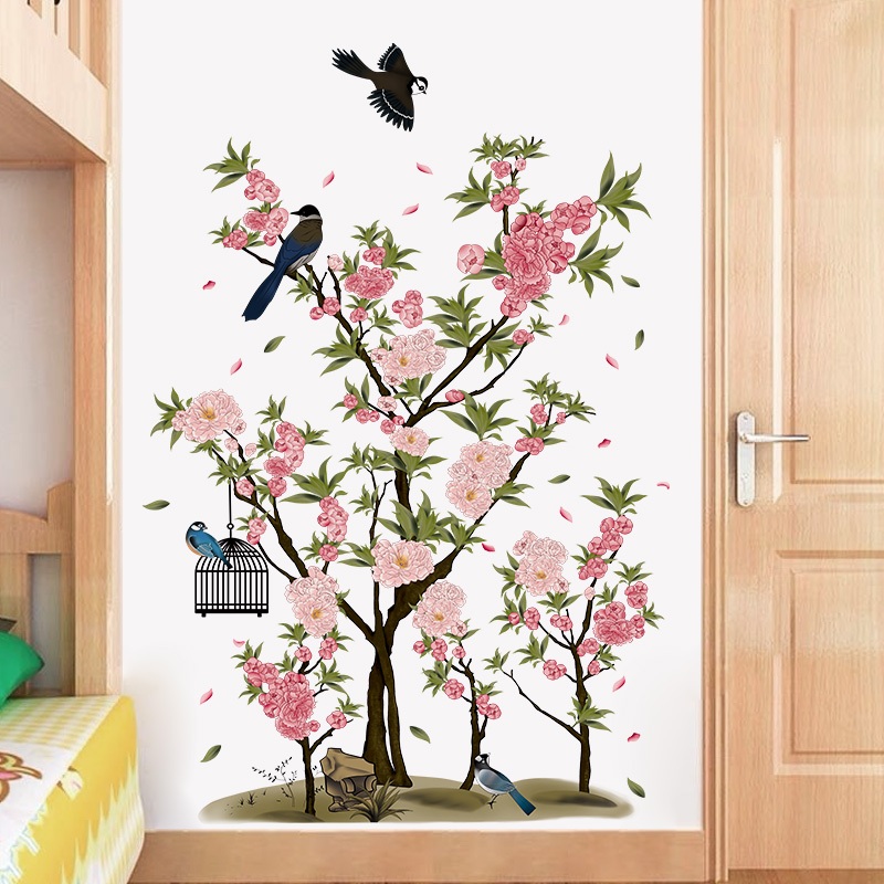Decal Dán Tường Hoa Đào Và Chim Én Có Keo Sẵn 82x128cm - Trang Trí Phòng Khách, Phòng Ngủ Vintage
