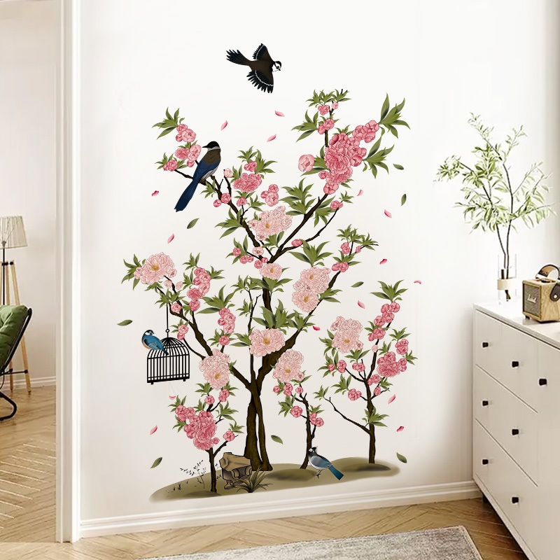 Decal Dán Tường Hoa Đào Và Chim Én Có Keo Sẵn 82x128cm - Trang Trí Phòng Khách, Phòng Ngủ Vintage