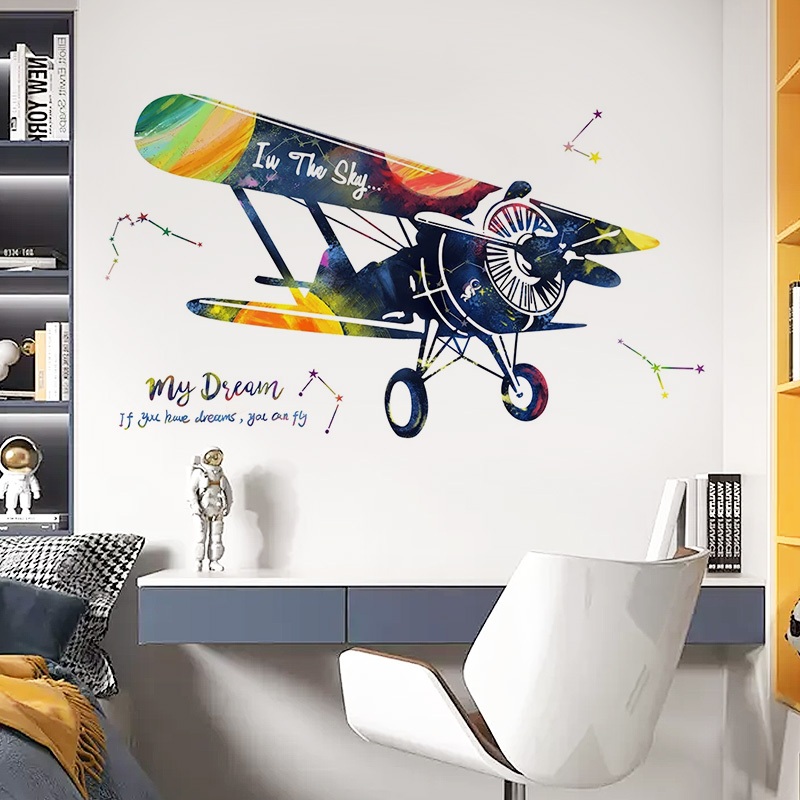 Decal Dán Tường Máy Bay Fly In The Sky Có Keo Sẵn 113x63cm - Trang Trí Phòng Khách Phòng Ngủ