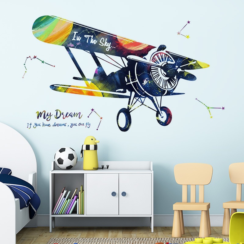 Decal Dán Tường Máy Bay Fly In The Sky Có Keo Sẵn 113x63cm - Trang Trí Phòng Khách Phòng Ngủ