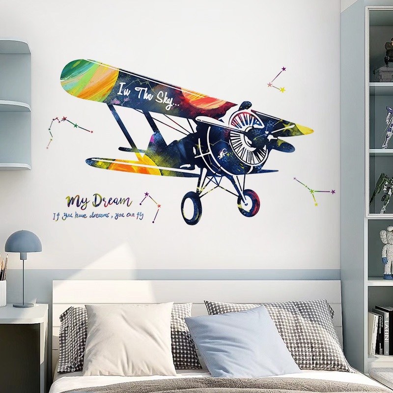 Decal Dán Tường Máy Bay Fly In The Sky Có Keo Sẵn 113x63cm - Trang Trí Phòng Khách Phòng Ngủ