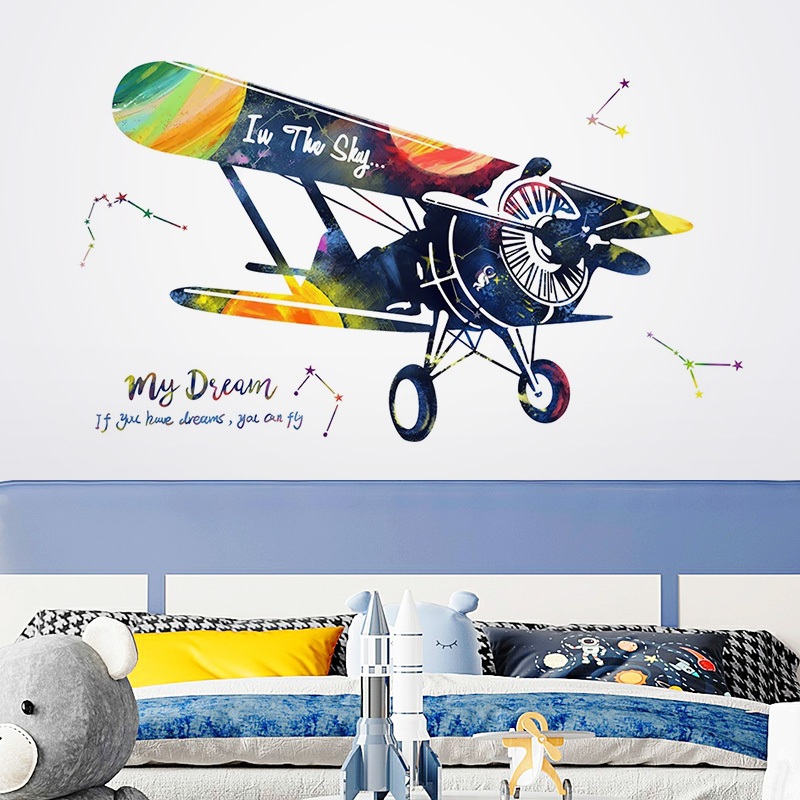 Decal Dán Tường Máy Bay Fly In The Sky Có Keo Sẵn 113x63cm - Trang Trí Phòng Khách Phòng Ngủ