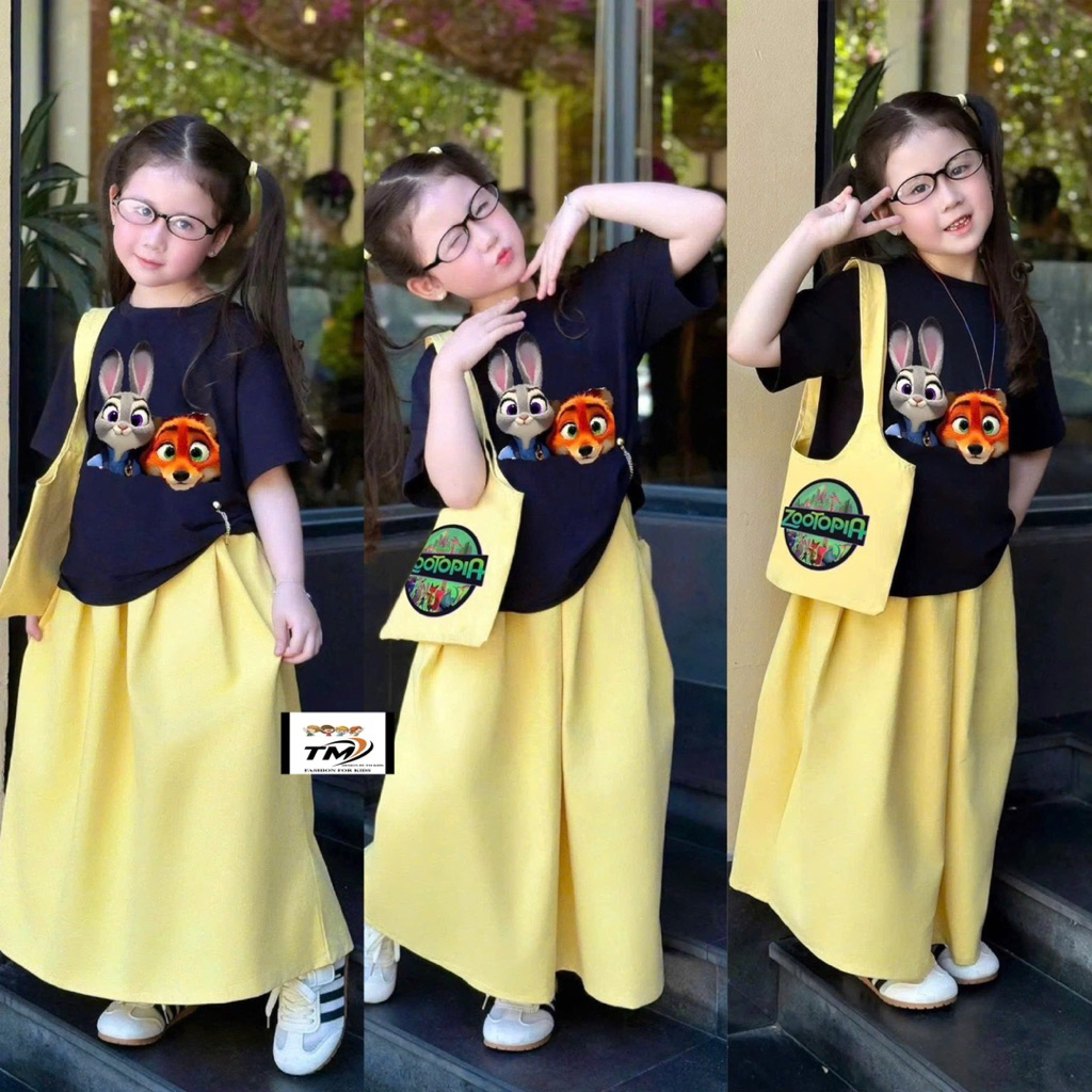 G63- Tặng kèm túi Set áo thun thỏ kèm chân váy vàng dành cho bé gái (12-40kg)