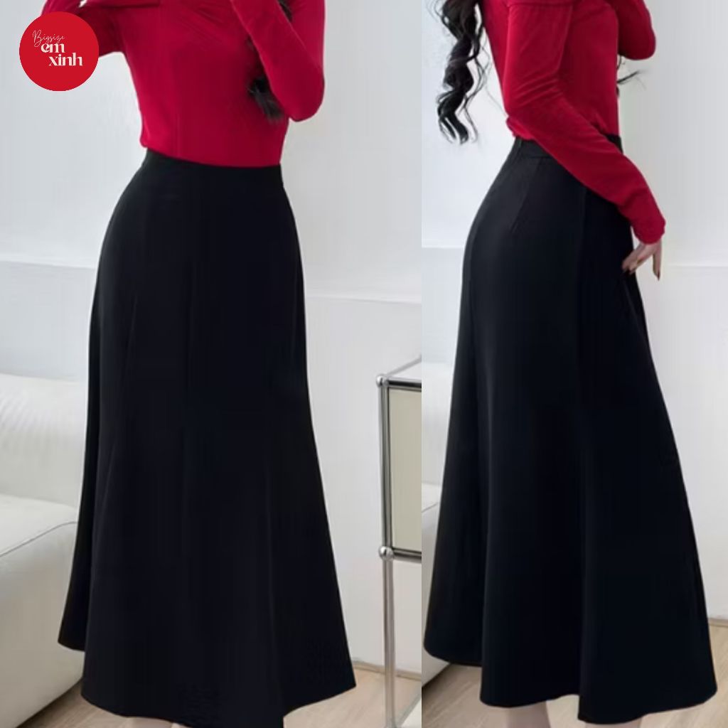 Set Áo Tay Dài Cổ Vuông Xoắn Nơ Kèm Chân Váy Dài Bigsize 50–90kg – Thun Tăm Lạnh BS056 | Em Xinh