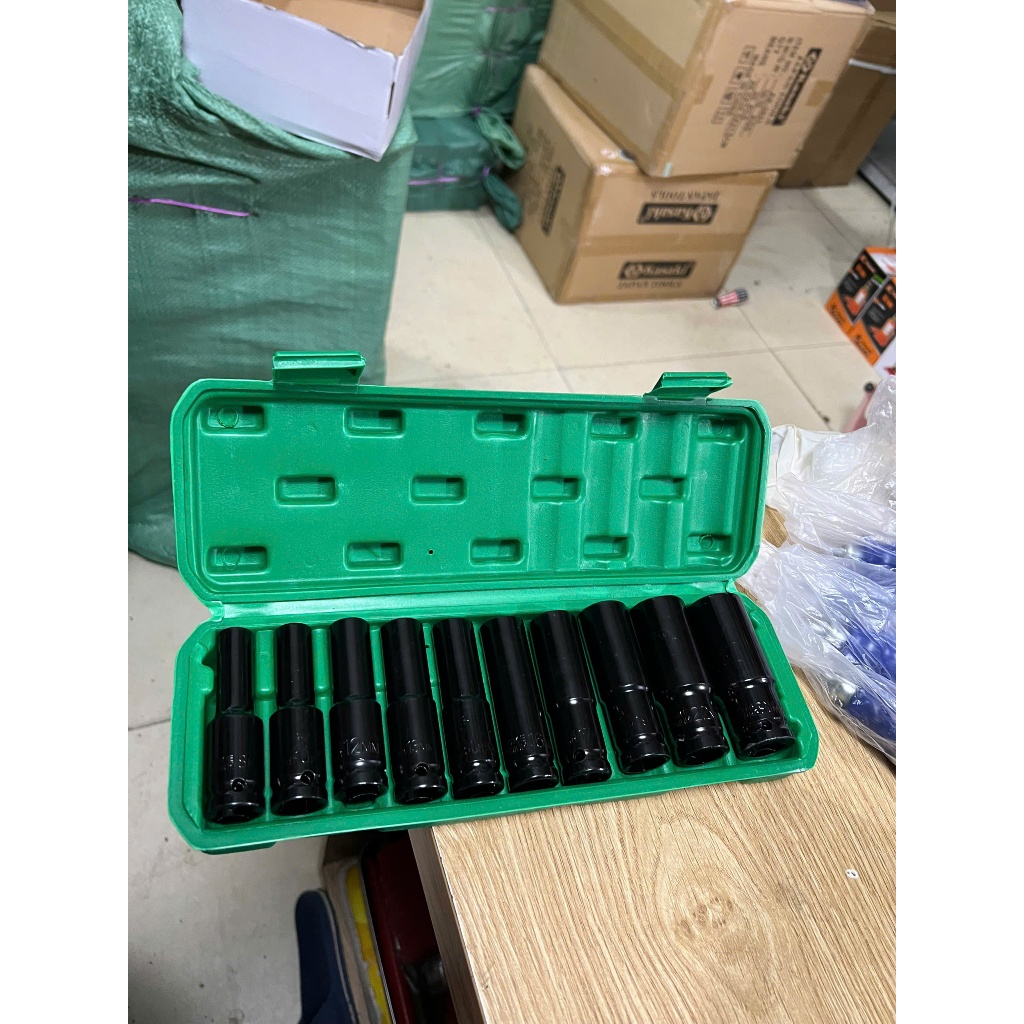 Bộ 10 đầu khẩu, đầu tuýp 1/2 từ 8-24 cường lực dùng cho máy siết bulong, đầu tuýt đen dài