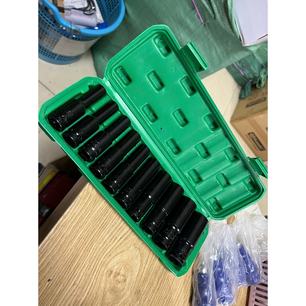 Bộ 10 đầu khẩu, đầu tuýp 1/2 từ 8-24 cường lực dùng cho máy siết bulong, đầu tuýt đen dài