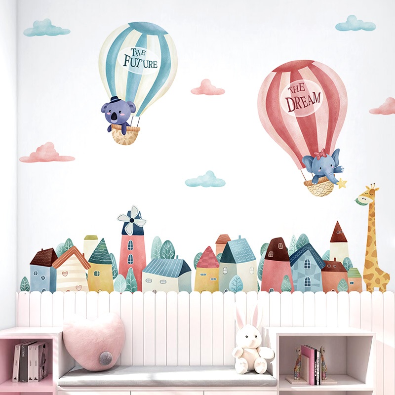 Decal Dán Tường Khinh Khí Cầu Động Vật Dễ Thương Có Keo Sẵn 115x65cm - Trang Trí Phòng Ngủ Cho Bé