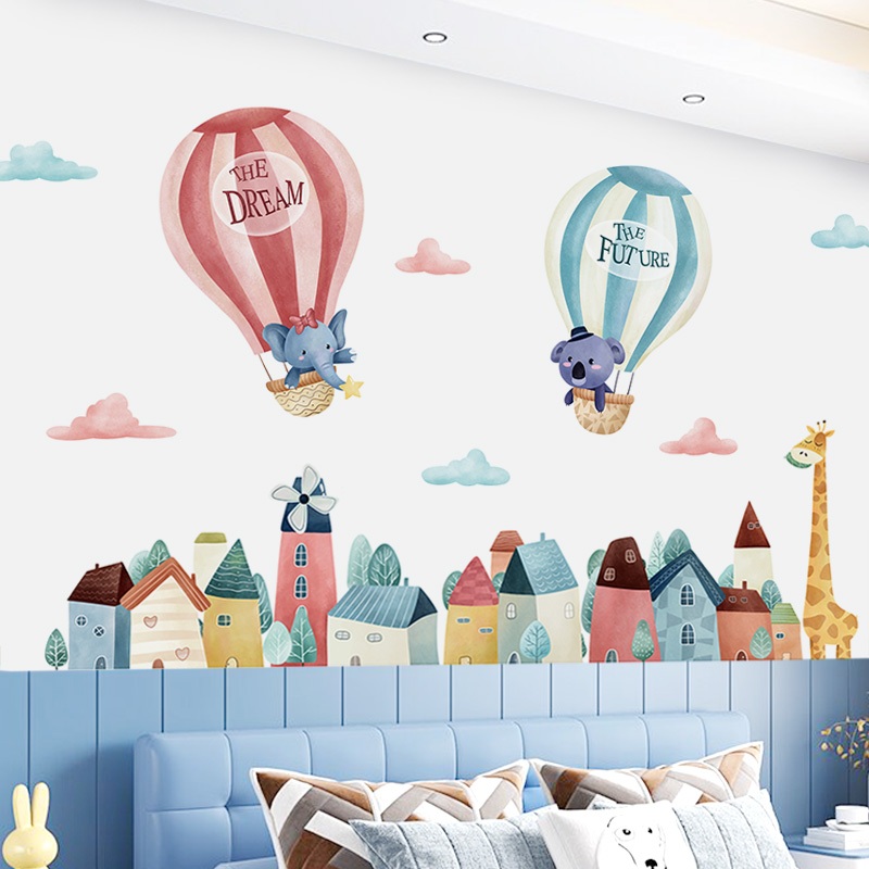 Decal Dán Tường Khinh Khí Cầu Động Vật Dễ Thương Có Keo Sẵn 115x65cm - Trang Trí Phòng Ngủ Cho Bé