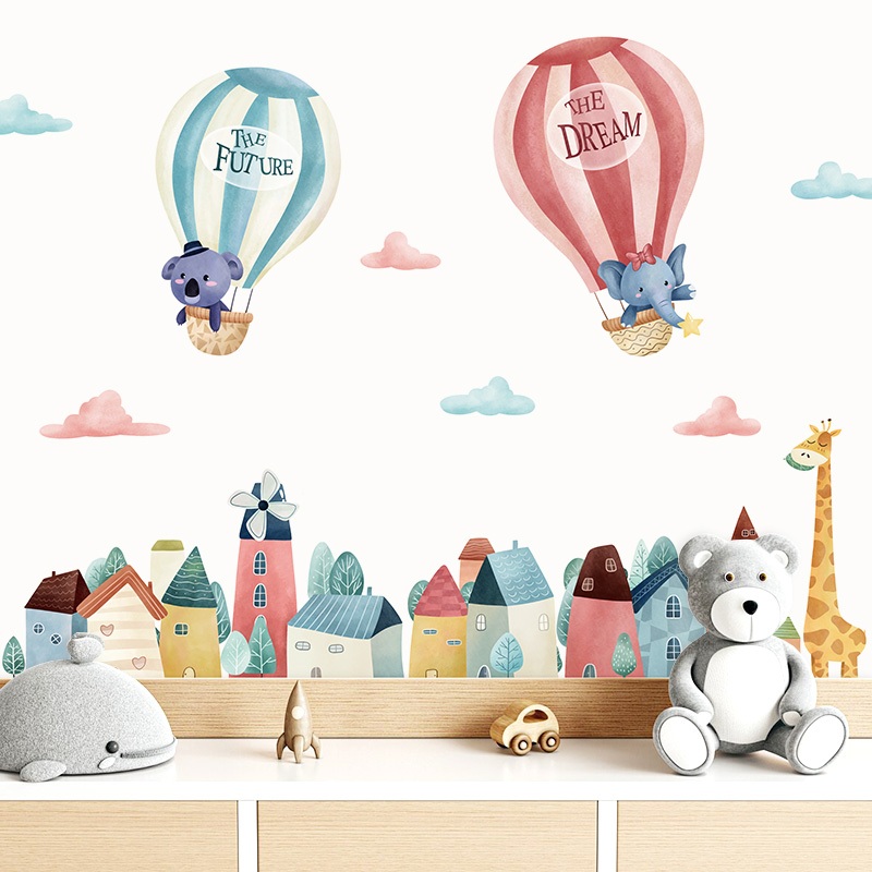 Decal Dán Tường Khinh Khí Cầu Động Vật Dễ Thương Có Keo Sẵn 115x65cm - Trang Trí Phòng Ngủ Cho Bé