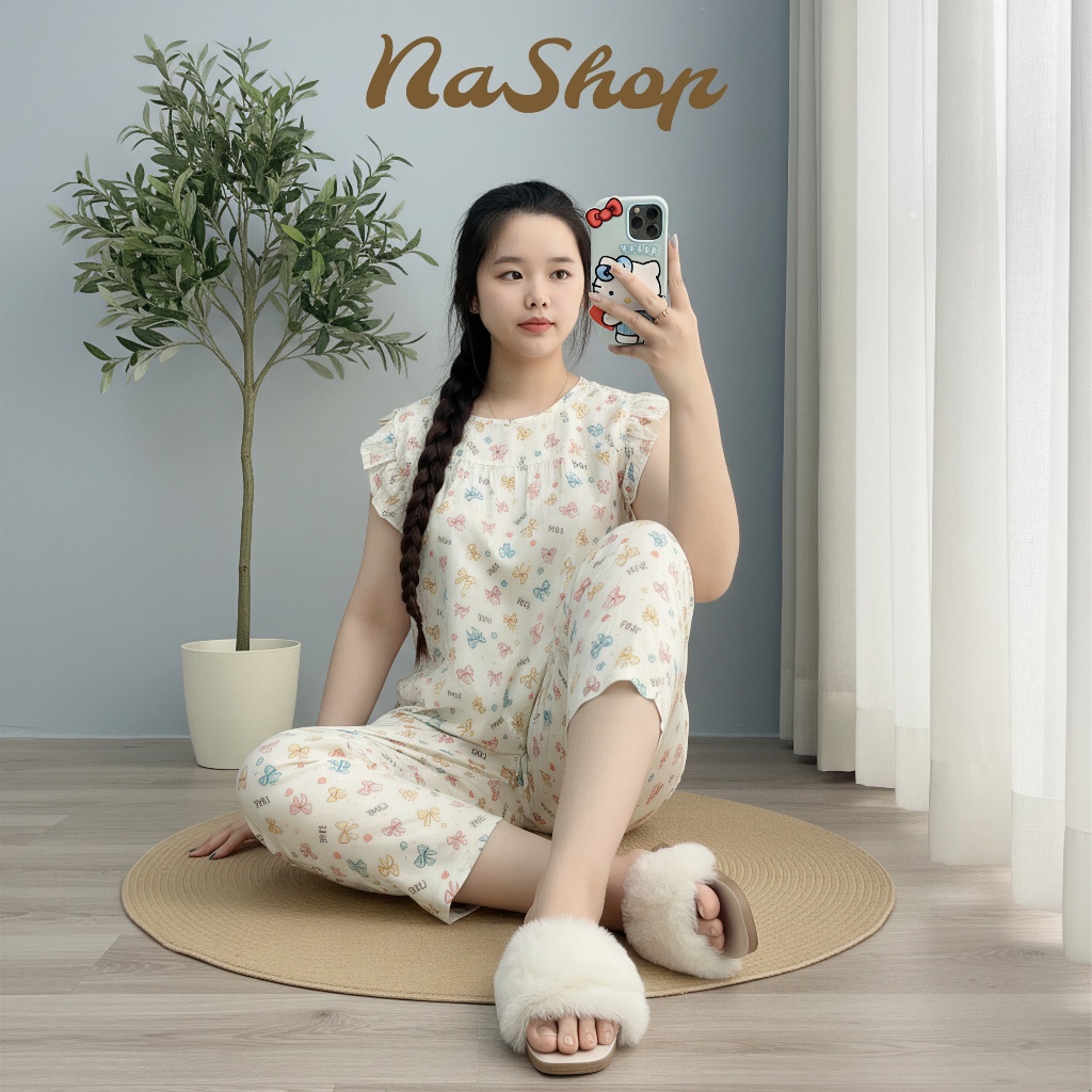 Đồ bộ mặc nhà Quần 9 tất Tay cánh tiên Chất tôn lanh mềm mát mịn Form dễ mặc Đủ size 40~75kg NaShop