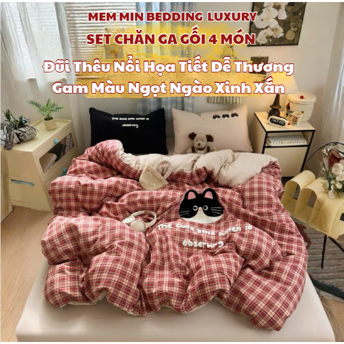 (TỔNG HỢP 3) Bộ chăn ga gối đũi 4 món Memminbedding Luxury họa tiết thêu nổi siêu yêu với gam màu ngọt ngào