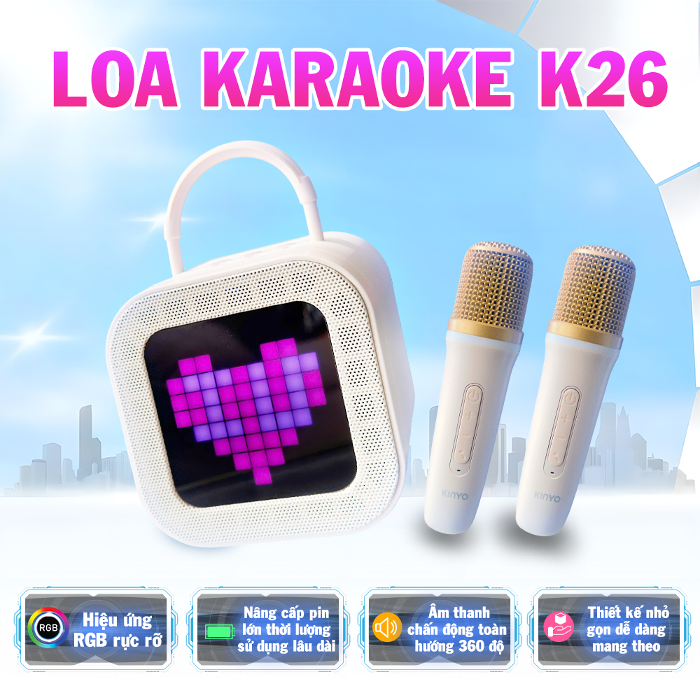 Loa mini Karaoke KINYO KINYO-K26, Công Suất 10W Đèn Led RGB Kèm 2 Micro AUX TP Card USB