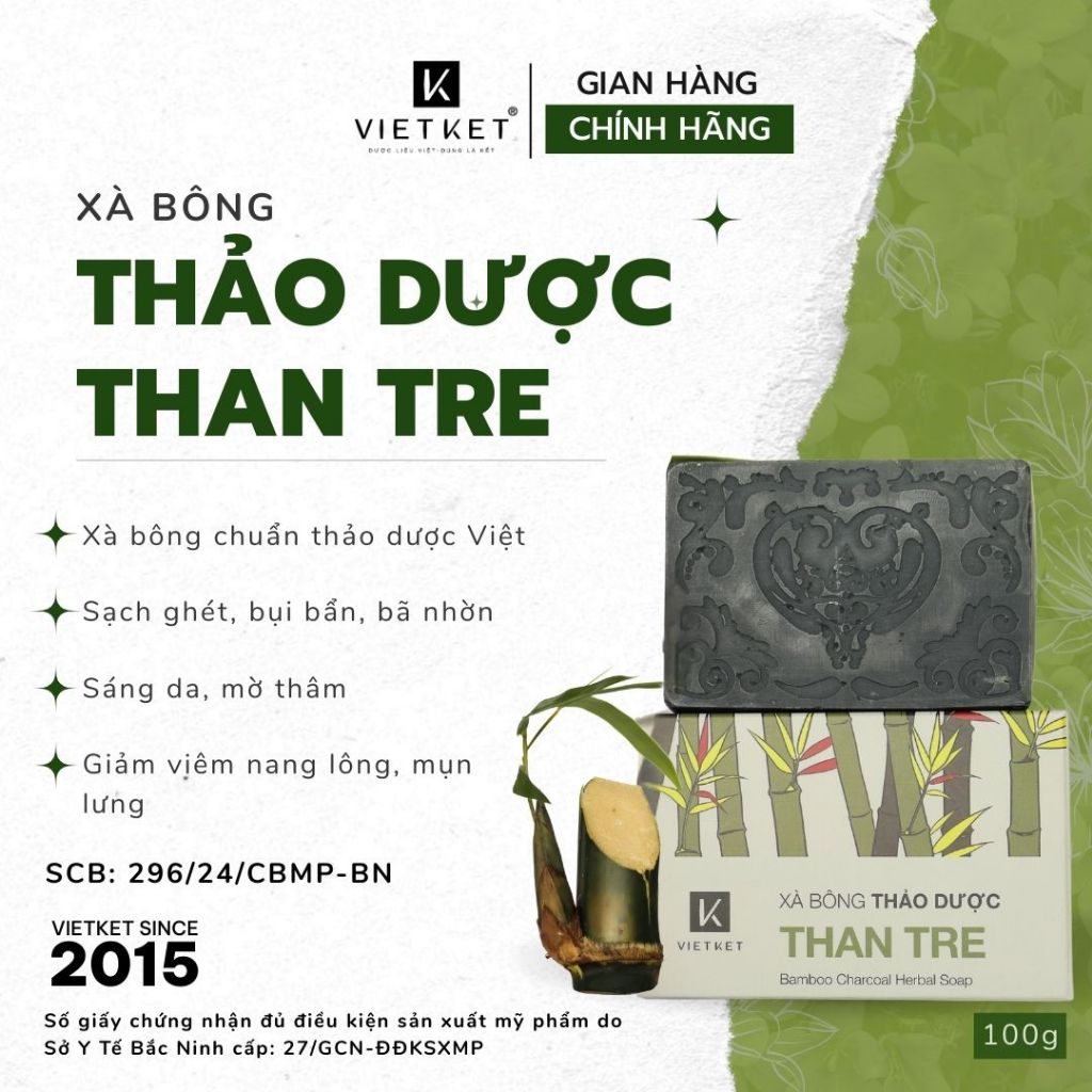 Xà Bông Tắm Dầu Dừa, Mù U, Than tre VIETKET 100g - Sạch Ghét, Giảm Mụn Lưng, Sáng Da, Duy Trì Độ Ẩm, Không Nhờn Rít