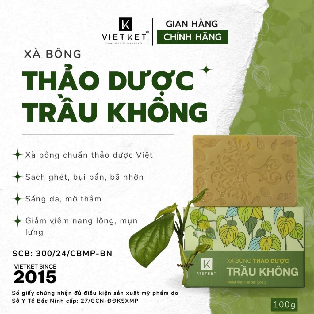 Xà Bông Tắm Thảo Dược Trầu Không VIETKET 100g Làm Sạch, Giảm Mụn Lưng, Sáng Da, Duy Trì Độ Ẩm
