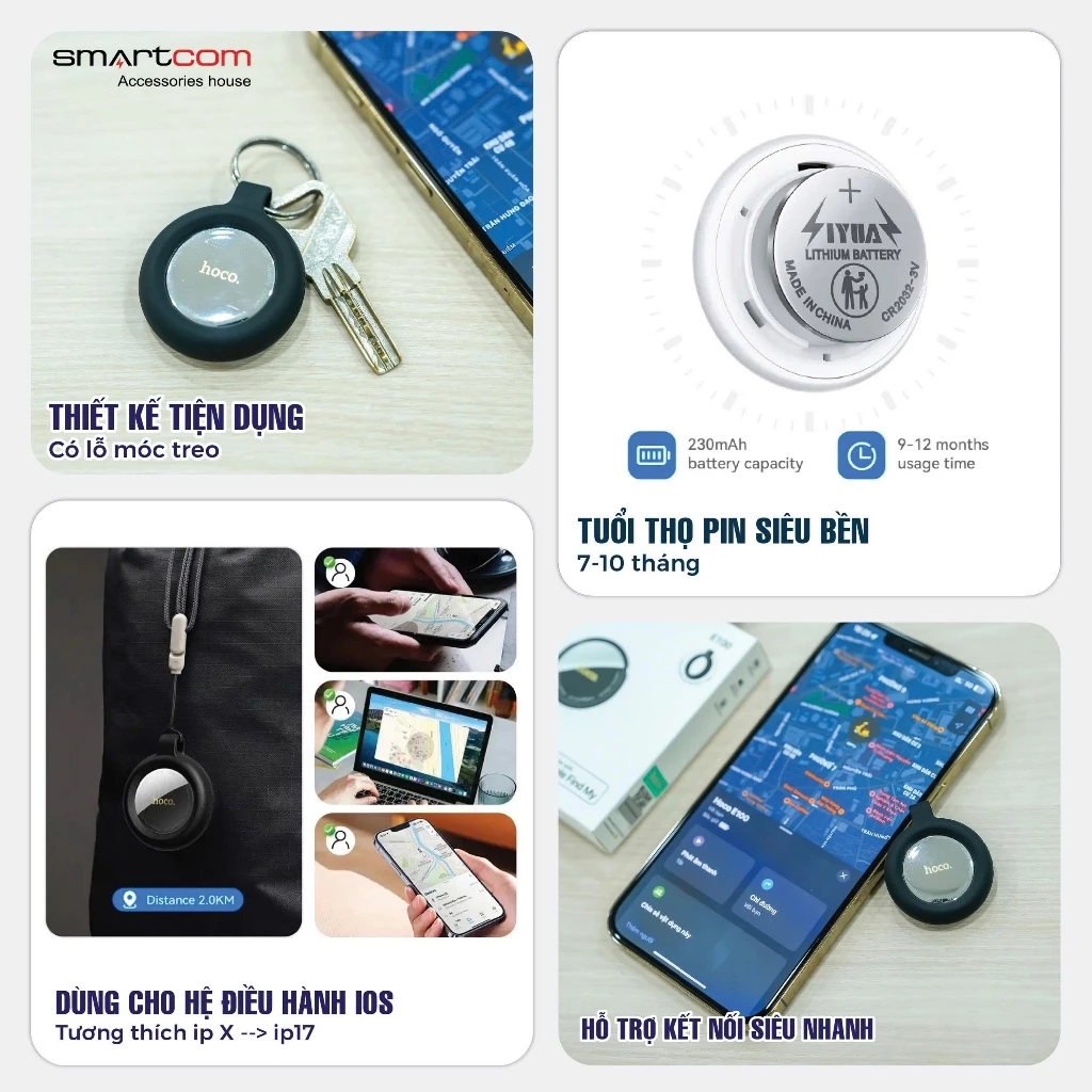 Thiết bị định vị iPhone Hoco E100  [Pin trâu - Nhỏ gọn], Pin Trâ 12 tháng, Tương thích với Apple Fin