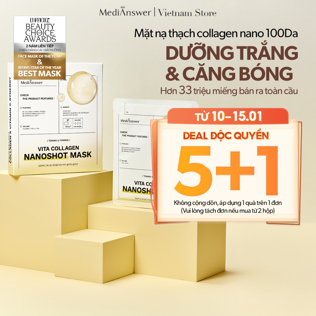 [DEAL 5+1] Mặt nạ thạch collagen Nano sáng da căng bóng MediAnswer Vita Nanoshot Mask 37g | Hộp 5 miếng