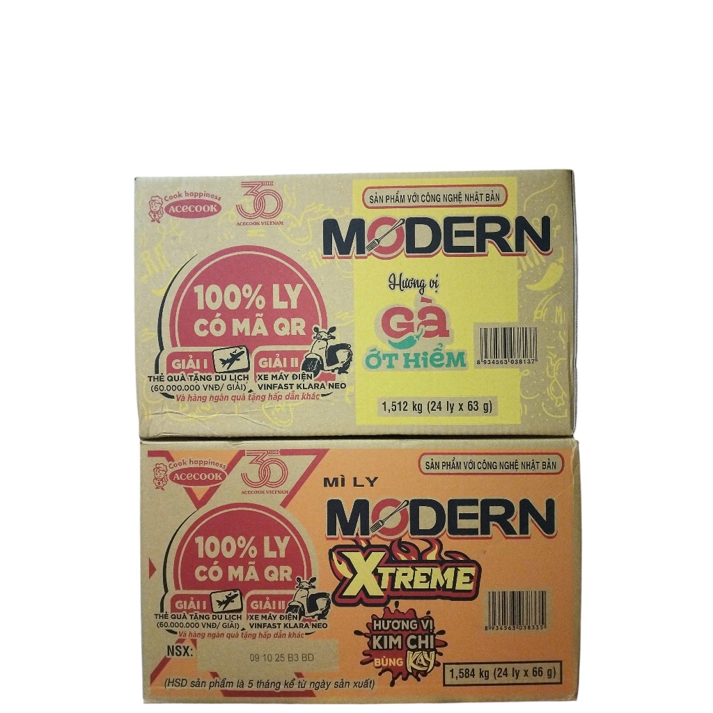 Thùng mì Modern 4 hương vị Lẩu thái tôm 67gr, bò cay khói lửa 66gr, Gà ớt hiểm 63gr, Kim chi 66gr