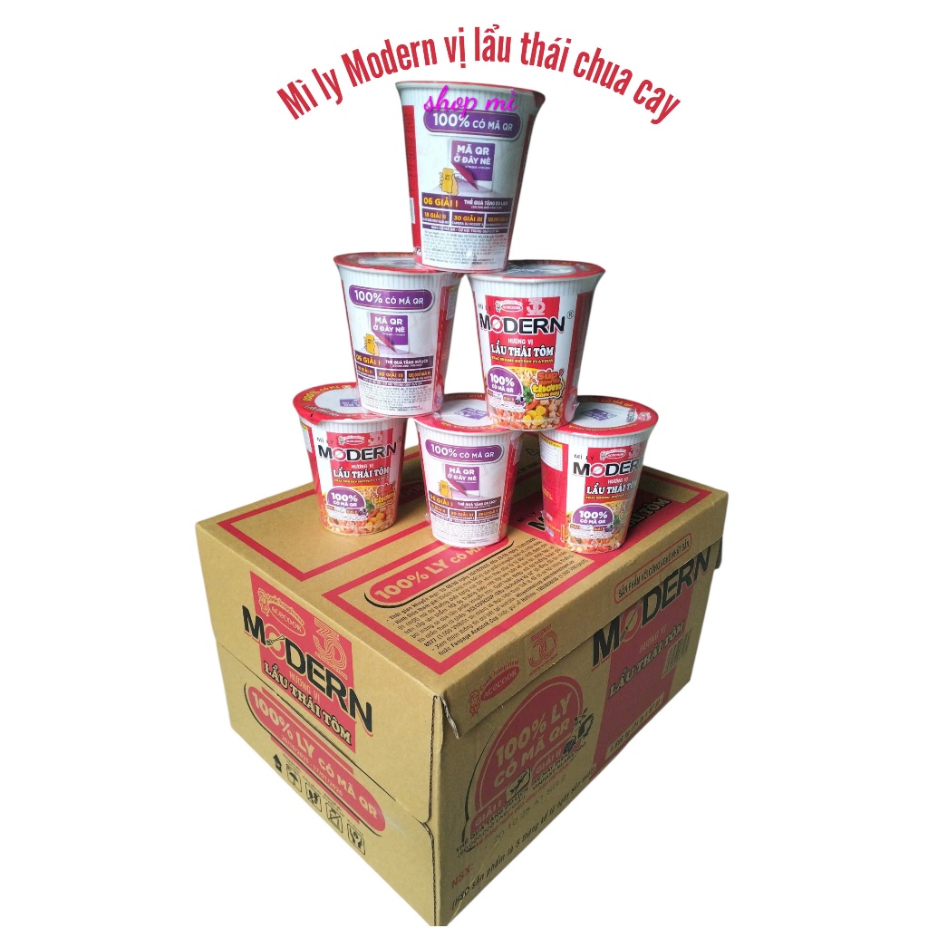 Thùng mì Modern 4 hương vị Lẩu thái tôm 67gr, bò cay khói lửa 66gr, Gà ớt hiểm 63gr, Kim chi 66gr