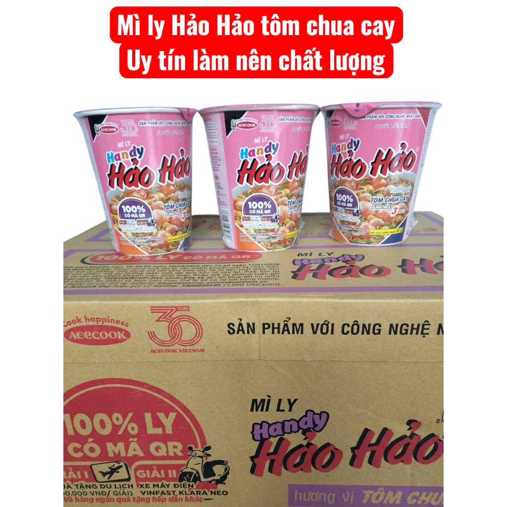 Thùng 24 ly mì Handy Hảo Hảo 2 hương vị (tôm chua cay + chay lẩu nấm thập cẩm) thơm ngon chuẩn vị
