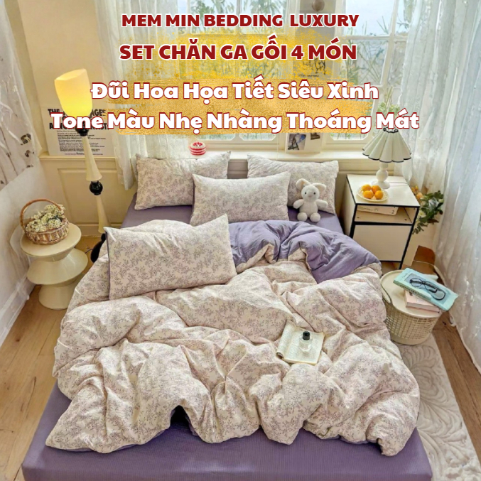 ( TỔNG HỢP 3) Bộ chăn ga gối 4 món đũi hoa Memminbedding Luxury siêu mát mẻ, thoáng mát, sáng bừng cả căn phòng ngủ