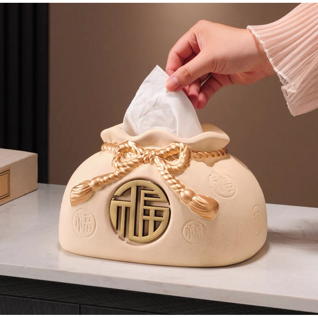 Hộp khăn giấy hình túi may mắn sáng tạo, hộp khăn giấy gốm sứ kiểu mới dành cho phòng khách