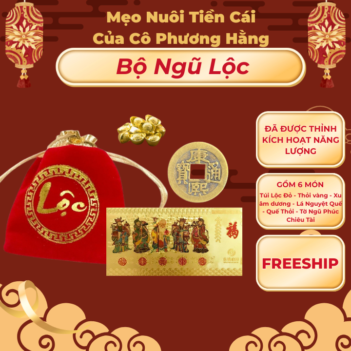 Bộ Ngũ Lộc 6 vật phẩm - Túi nhung, vàng thỏi, xu âm dương, lá thanh quế, tờ Ngũ Phúc, chỉ đỏ ( MẸO CÔ PHƯƠNG HẰNG ).