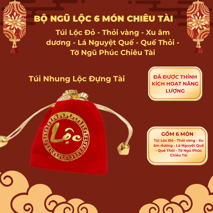 Bộ Ngũ Lộc 6 vật phẩm - Túi nhung, vàng thỏi, xu âm dương, lá thanh quế, tờ Ngũ Phúc, chỉ đỏ ( MẸO CÔ PHƯƠNG HẰNG ).