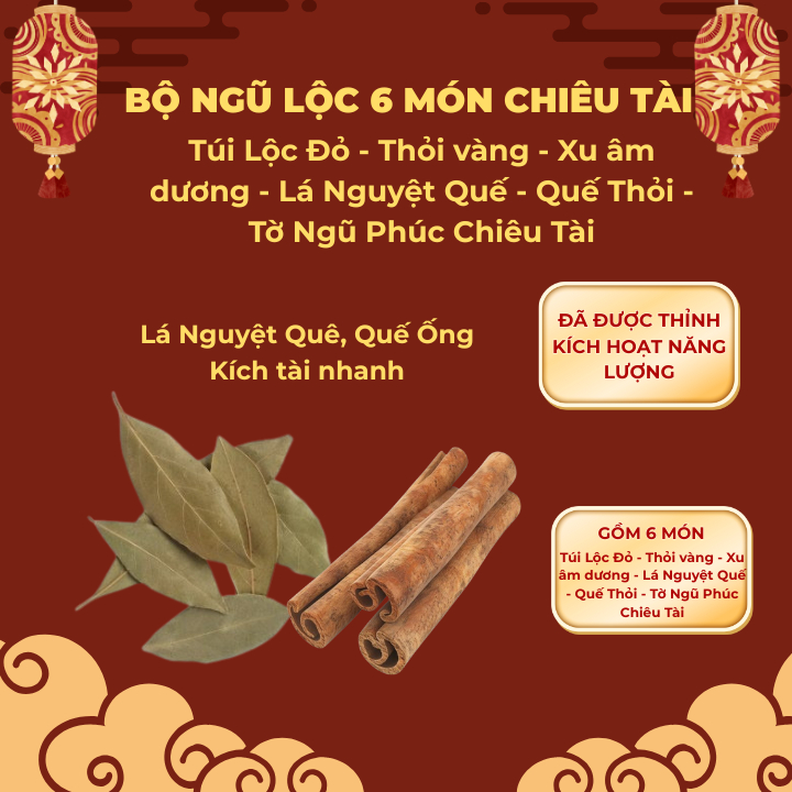 Bộ Ngũ Lộc 6 vật phẩm - Túi nhung, vàng thỏi, xu âm dương, lá thanh quế, tờ Ngũ Phúc, chỉ đỏ ( MẸO CÔ PHƯƠNG HẰNG ).