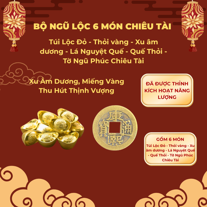 Bộ Ngũ Lộc 6 vật phẩm - Túi nhung, vàng thỏi, xu âm dương, lá thanh quế, tờ Ngũ Phúc, chỉ đỏ ( MẸO CÔ PHƯƠNG HẰNG ).