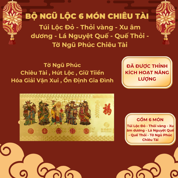 Bộ Ngũ Lộc 6 vật phẩm - Túi nhung, vàng thỏi, xu âm dương, lá thanh quế, tờ Ngũ Phúc, chỉ đỏ ( MẸO CÔ PHƯƠNG HẰNG ).