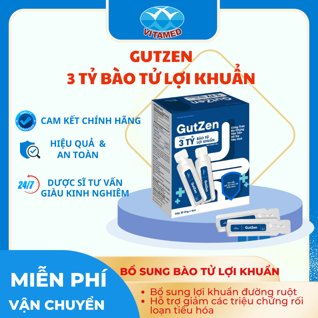 Men vi sinh GutZen Bào tử lợi khuẩn 3 Tỷ đa chủng - Hỗ trợ tiêu hóa, giảm táo bón, tiêu chảy cho bé (Hộp 20 ống)