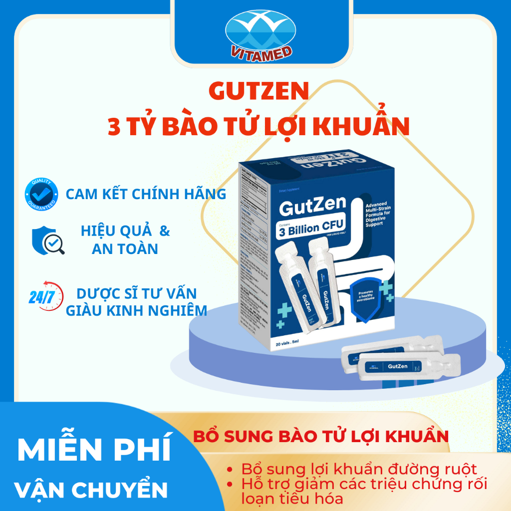 Men vi sinh GutZen Bào tử lợi khuẩn 3 Tỷ đa chủng - Hỗ trợ tiêu hóa, giảm táo bón, tiêu chảy cho bé (Hộp 20 ống)