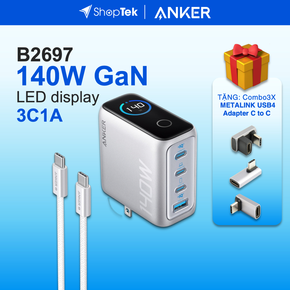 ANKER Zolo B2697 Bộ sạc 140W 3C1A kèm cáp type-C 1.5m, màn hình LED, sạc 4 thiết bị | Bản Quốc tế