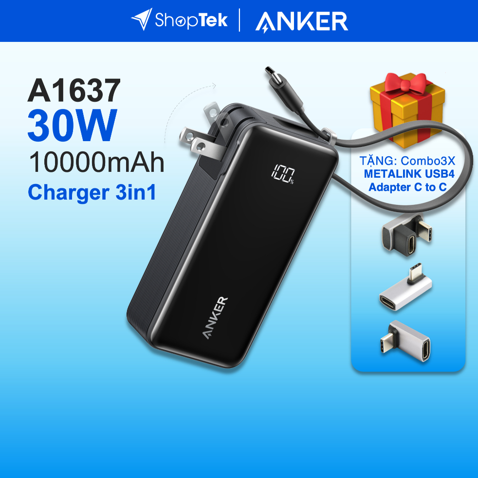 ANKER Fusion A1637 Sạc dự phòng 10000mah kiêm cốc sạc nhanh 30W tích hợp cáp Type-C | Bản Quốc tế