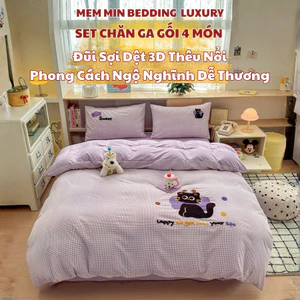 Bộ chăn ga gối 4 món đũi thêu Memminbedding Luxury sợi dệt 5D quen thuộc với hoạ tiết siêu đáng yêu