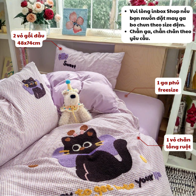 (TỔNG HỢP 2) Bộ chăn ga gối 4 món đũi thêu Memminbedding Luxury sợi dệt 5D quen thuộc với hoạ tiết siêu đáng yêu