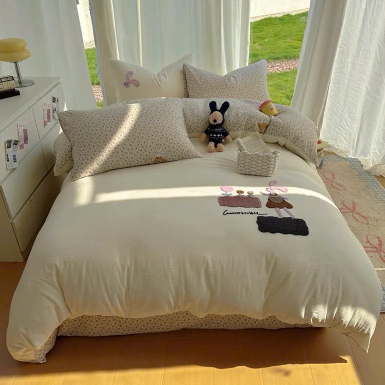 (TỔNG HỢP 2) Bộ chăn ga gối 4 món đũi thêu Memminbedding Luxury sợi dệt 5D quen thuộc với hoạ tiết siêu đáng yêu
