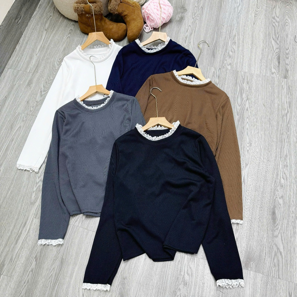 Áo Thun Dài Tay Nữ Bigsize Viền Ren Cổ & Tay Dáng Basic Co Giãn Mềm Mịn Cho Chubby 55-93kg A334