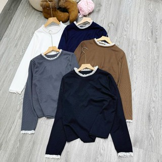 Áo Cổ Cao Bigsize Nữ Áo Thun Ôm Giữ Nhiệt Thu Đông Tay Dài Viền Ren Cho Chubby A334