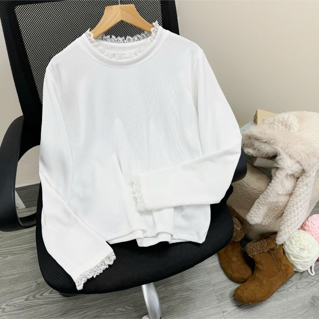 Áo Thun Dài Tay Nữ Bigsize Viền Ren Cổ & Tay Dáng Basic Co Giãn Mềm Mịn Cho Chubby 55-93kg A334