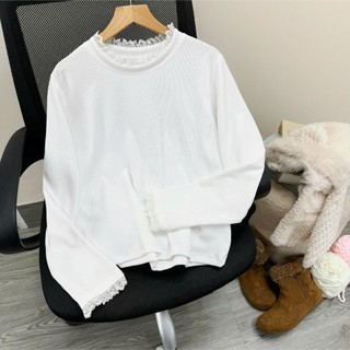 Áo Cổ Cao Bigsize Nữ Áo Thun Ôm Giữ Nhiệt Thu Đông Tay Dài Viền Ren Cho Chubby A334