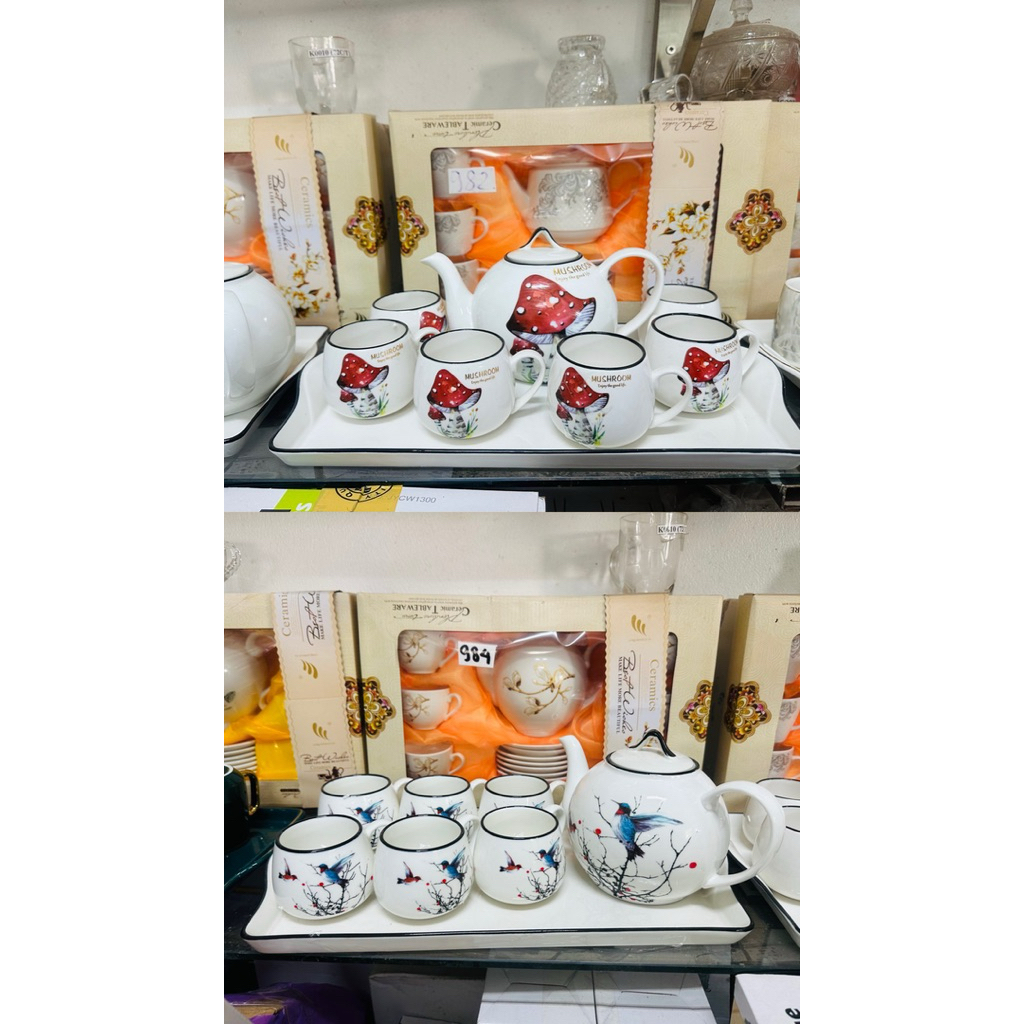 Bộ Bình Ấm Sứ 6 Cốc Cao Cấp Sang Trọng Kèm Khay Sứ Dầy Dặn