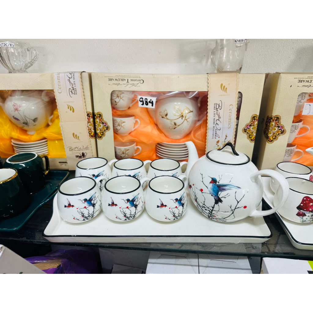 Bộ Bình Ấm Sứ 6 Cốc Cao Cấp Sang Trọng Kèm Khay Sứ Dầy Dặn