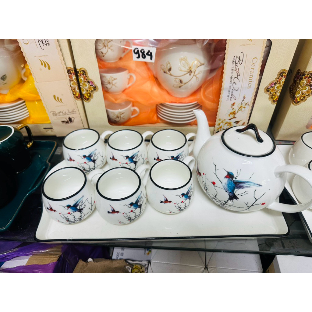 Bộ Bình Ấm Sứ 6 Cốc Cao Cấp Sang Trọng Kèm Khay Sứ Dầy Dặn