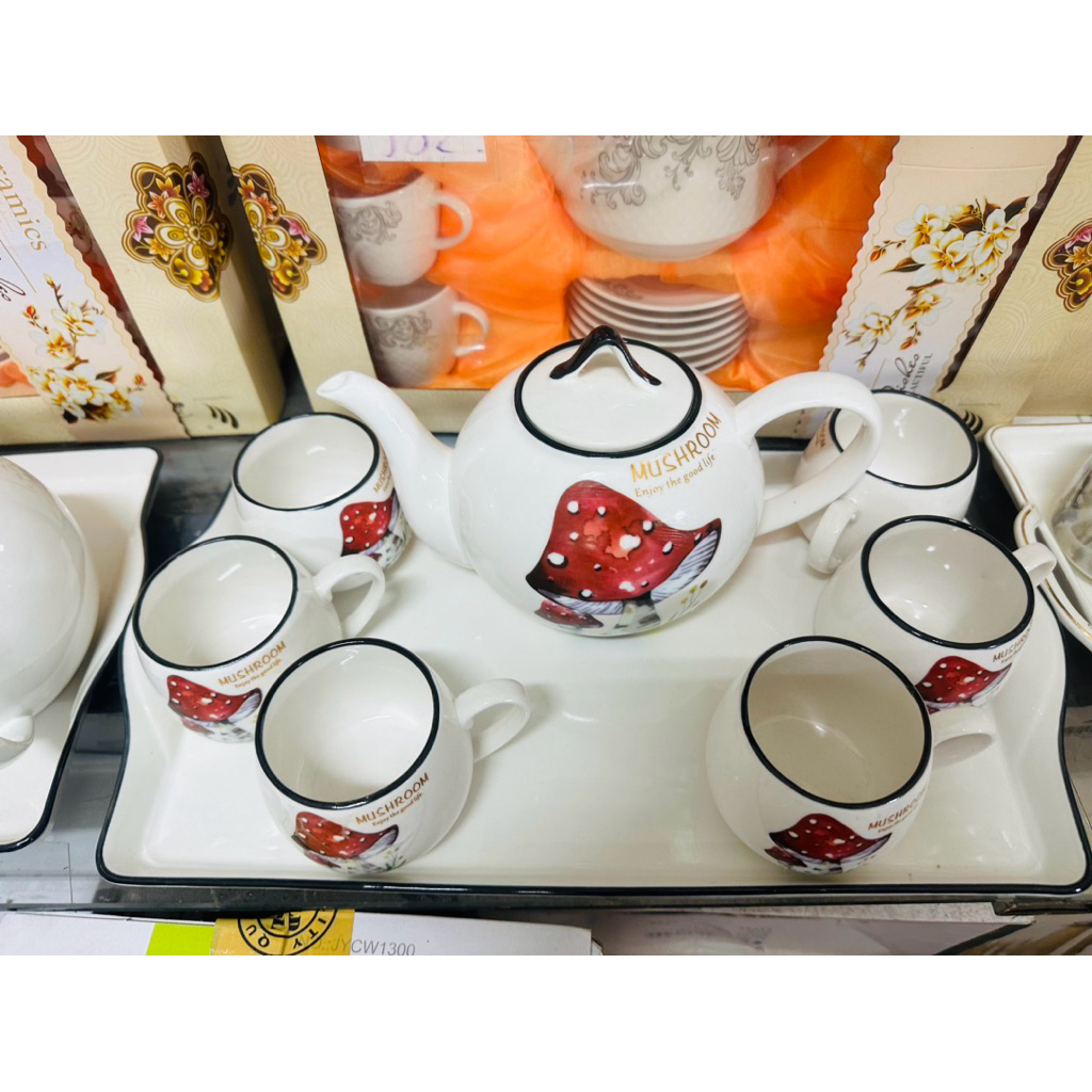 Bộ Bình Ấm Sứ 6 Cốc Cao Cấp Sang Trọng Kèm Khay Sứ Dầy Dặn
