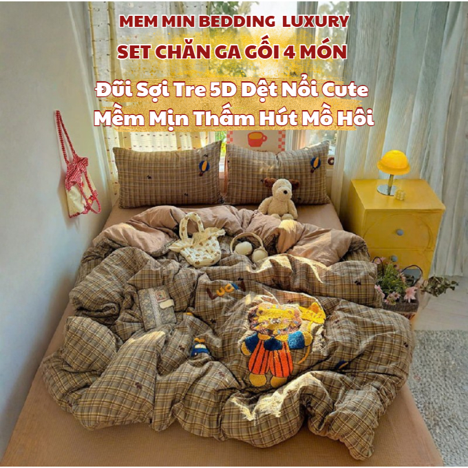 (TỔNG HỢP 1) Bộ chăn ga gối 4 món đũi sợi tre Memminbedding Luxury dệt nổi 5D mềm mướt, thấm hút mồ hôi